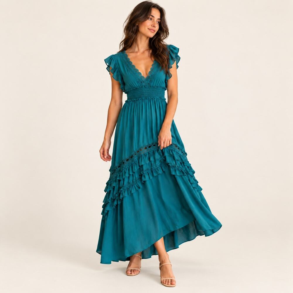 Baltic Born Jasmine Jade Ruffle High Low Hem Maxi Dress Boho Wedding Guest Small